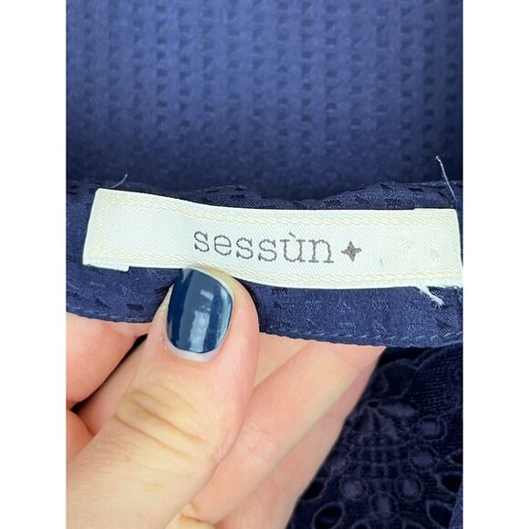 SESSUN Victorian Queen Silk Mini Dress Cap Sleeve Blouson Navy Blue Size XS - Picture 3 of 12